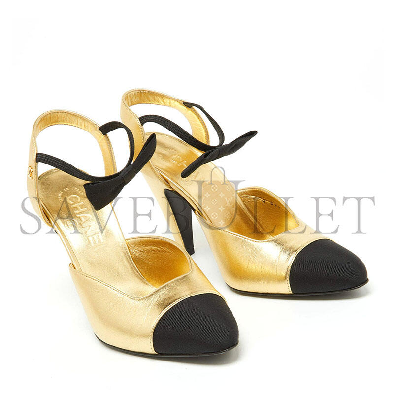 Ch**el gold black leather cap toe slingback sandals